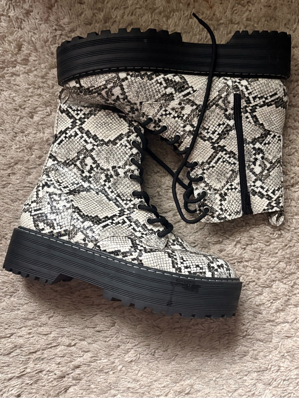 H&M Chunky Platform Lace-Up Boots in Black and White Snake Print